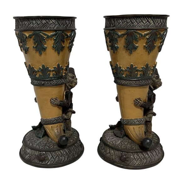 Vintage Monkey Butler Bellhop Pedestal Vase Cornucopia Tropical 12" Tall Pair - Picture 2 of 6